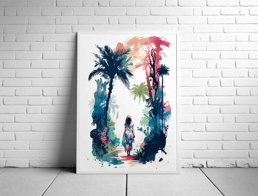 Framed Image of Boho Girl Jungle Walk Illustration Wall Art Poster Print