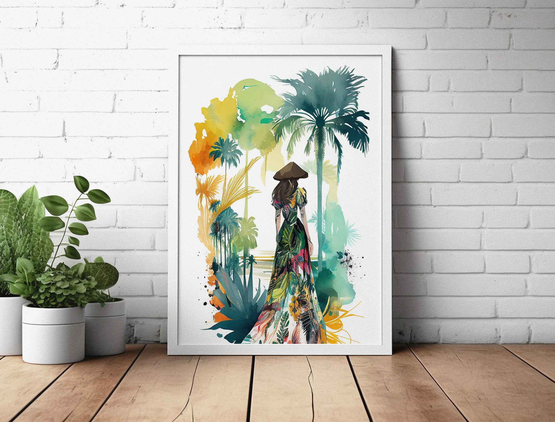 Framed Image of Boho Girl in Tropical Dress Illustration Wall Art Poster Print