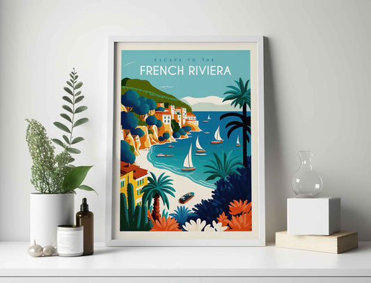 Framed Image of Colourful French Riviera Beach Travel Wall Art Poster Print