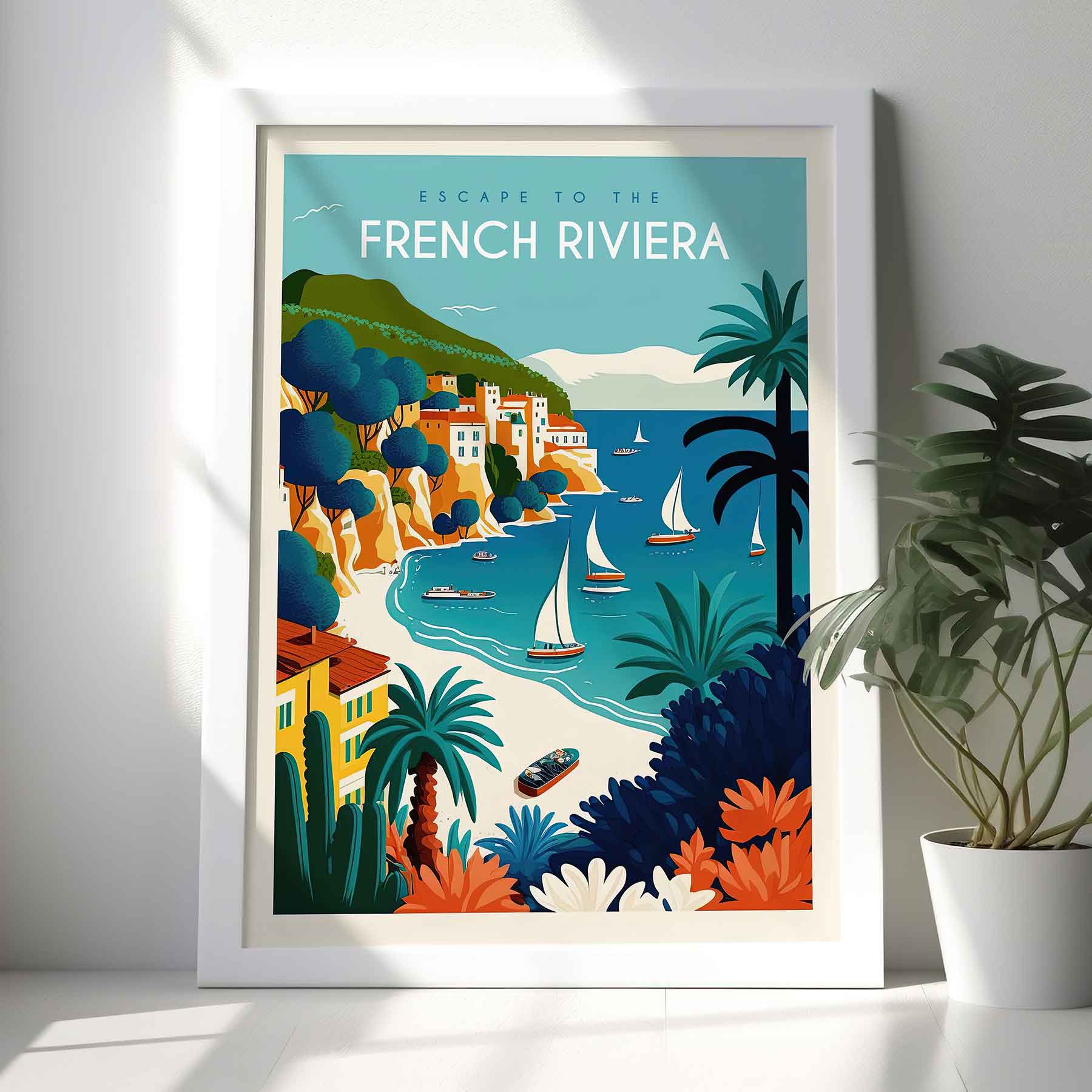 Framed Image of Colourful French Riviera Beach Travel Wall Art Poster Print