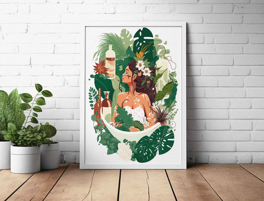 Framed Image of Botanical Bathroom Boho Tropical Bubbles Wall Art Poster Print