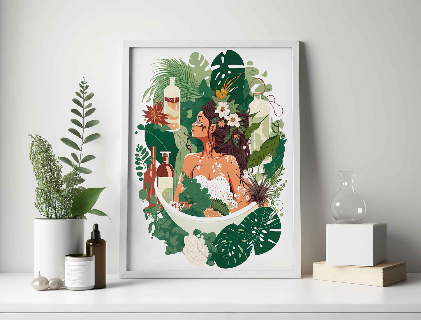 Framed Image of Botanical Bathroom Boho Tropical Bubbles Wall Art Poster Print