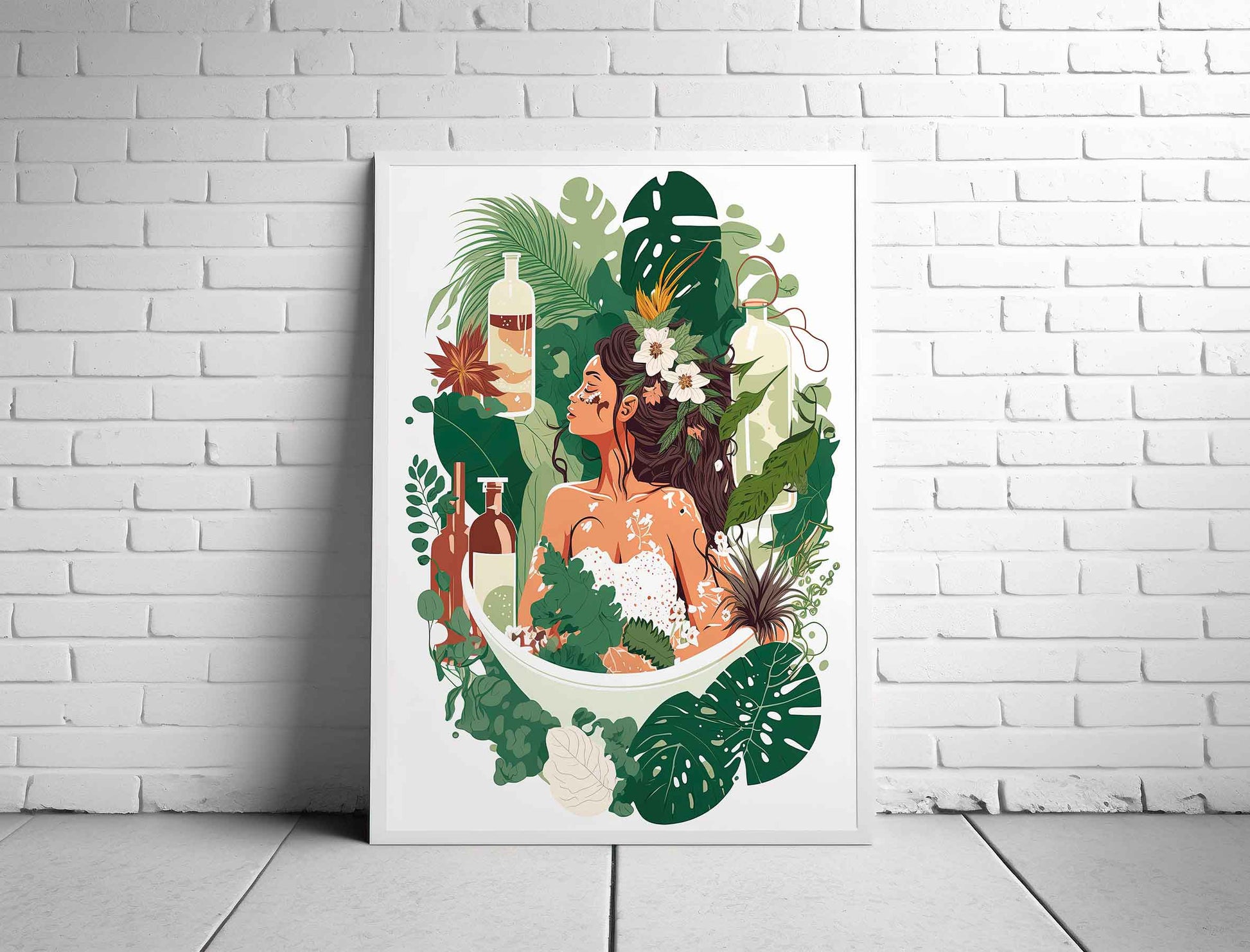 Framed Image of Botanical Bathroom Boho Tropical Bubbles Wall Art Poster Print