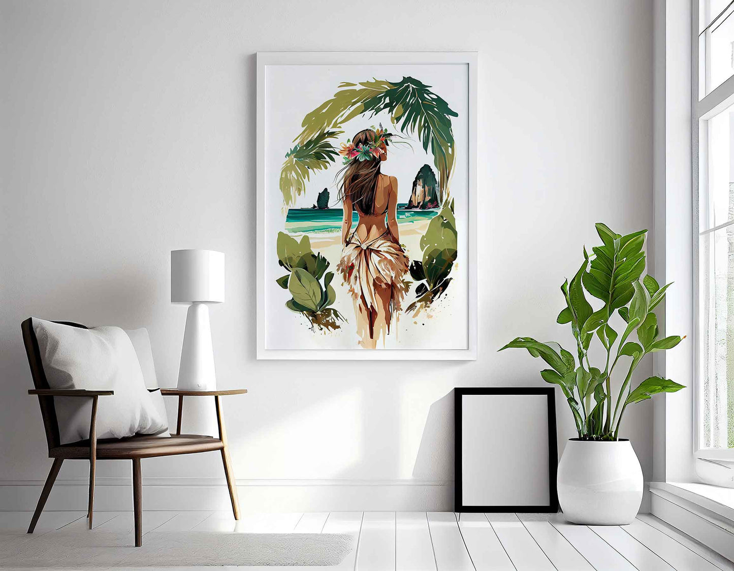 Framed Image of Boho Girl on Tropical Beach Illustration Wall Art Poster Print