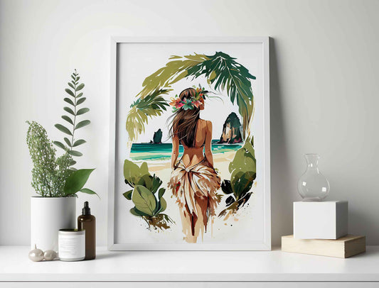 Framed Image of Boho Girl on Tropical Beach Illustration Wall Art Poster Print