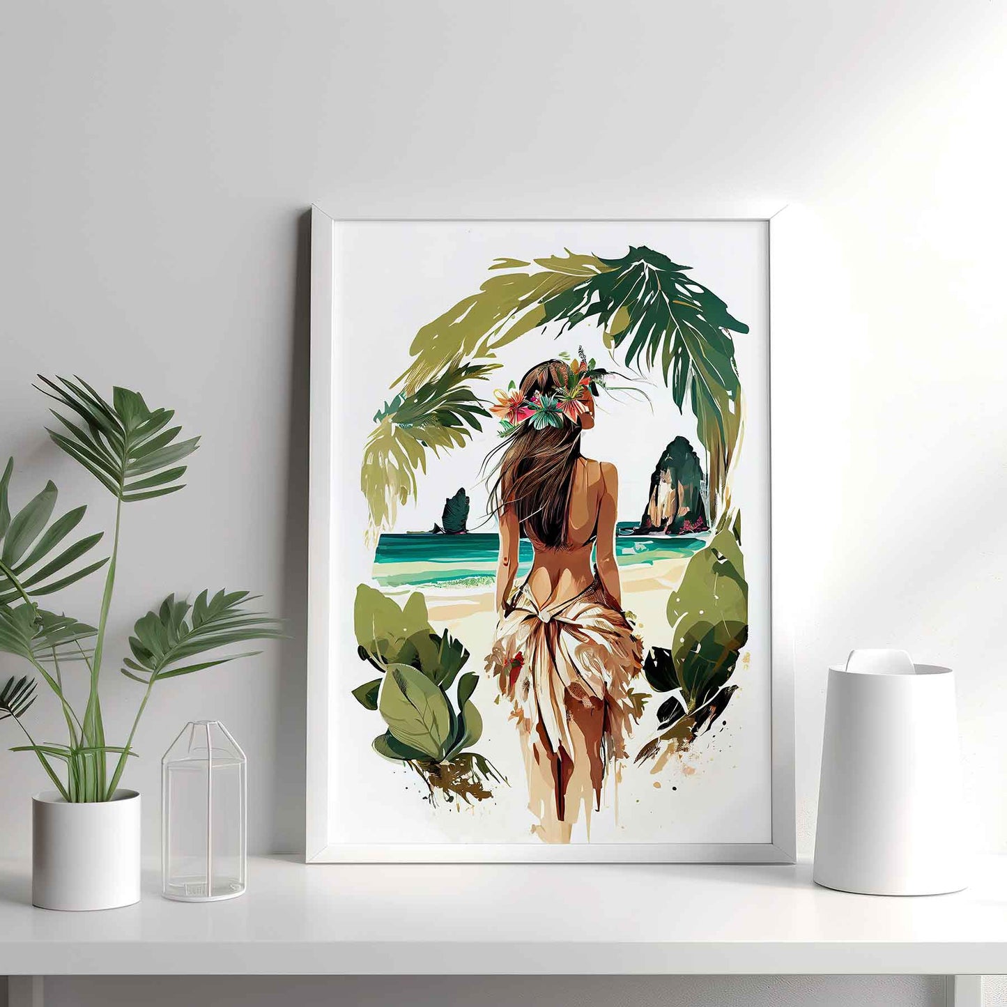 Framed Image of Boho Girl on Tropical Beach Illustration Wall Art Poster Print