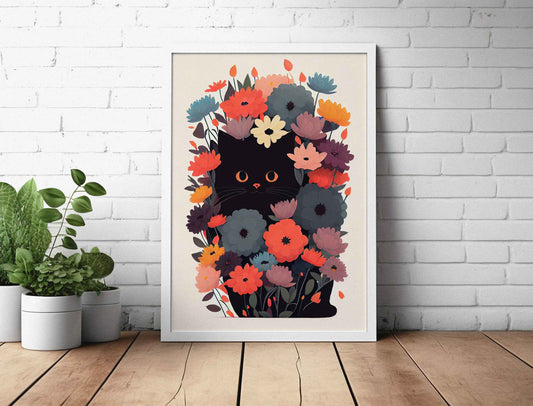 Framed Image of Cute Black Cat in Flower Garden Wall Art Poster Print