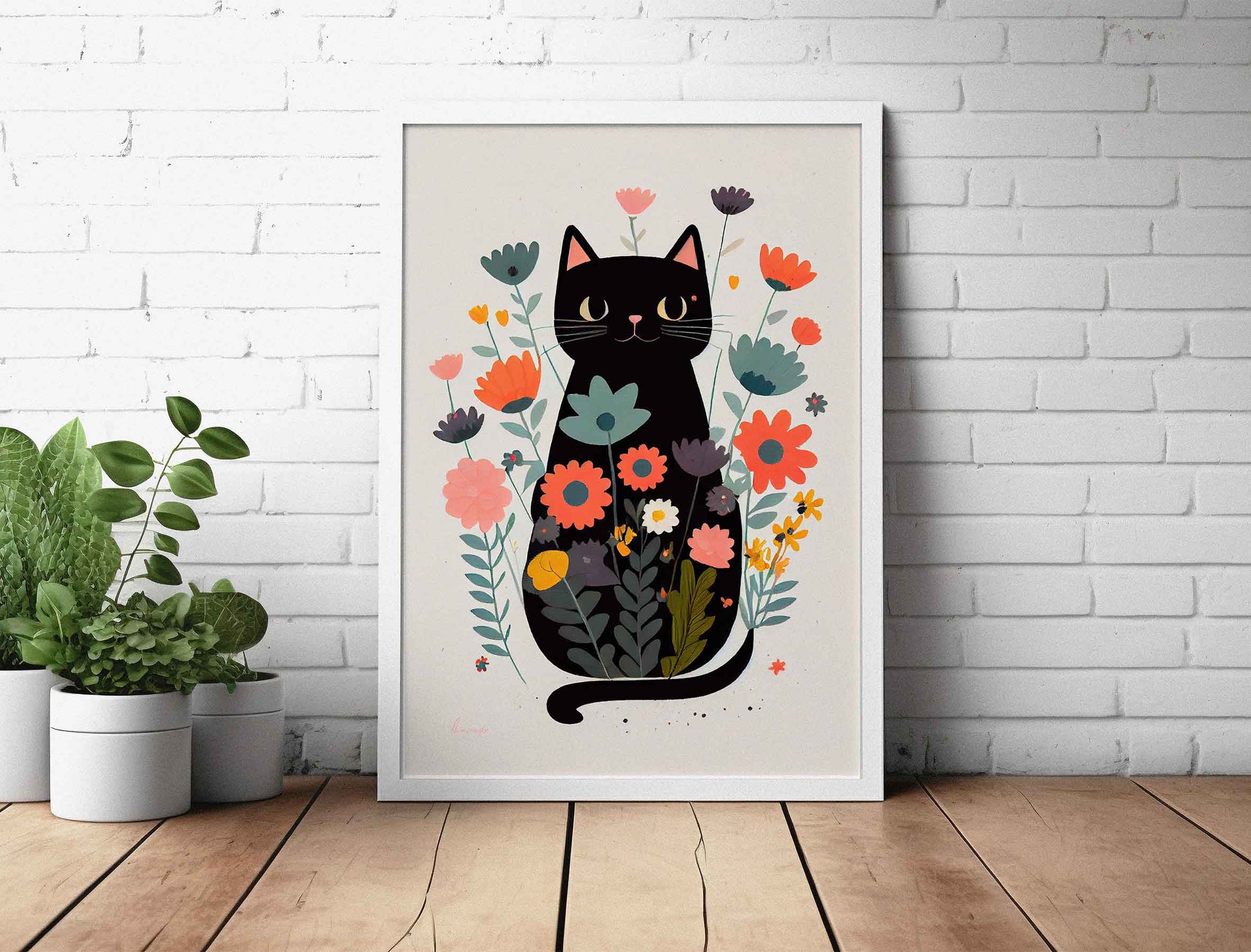 Framed Image of Cute Black Cat With Flowers Wall Art Poster Print