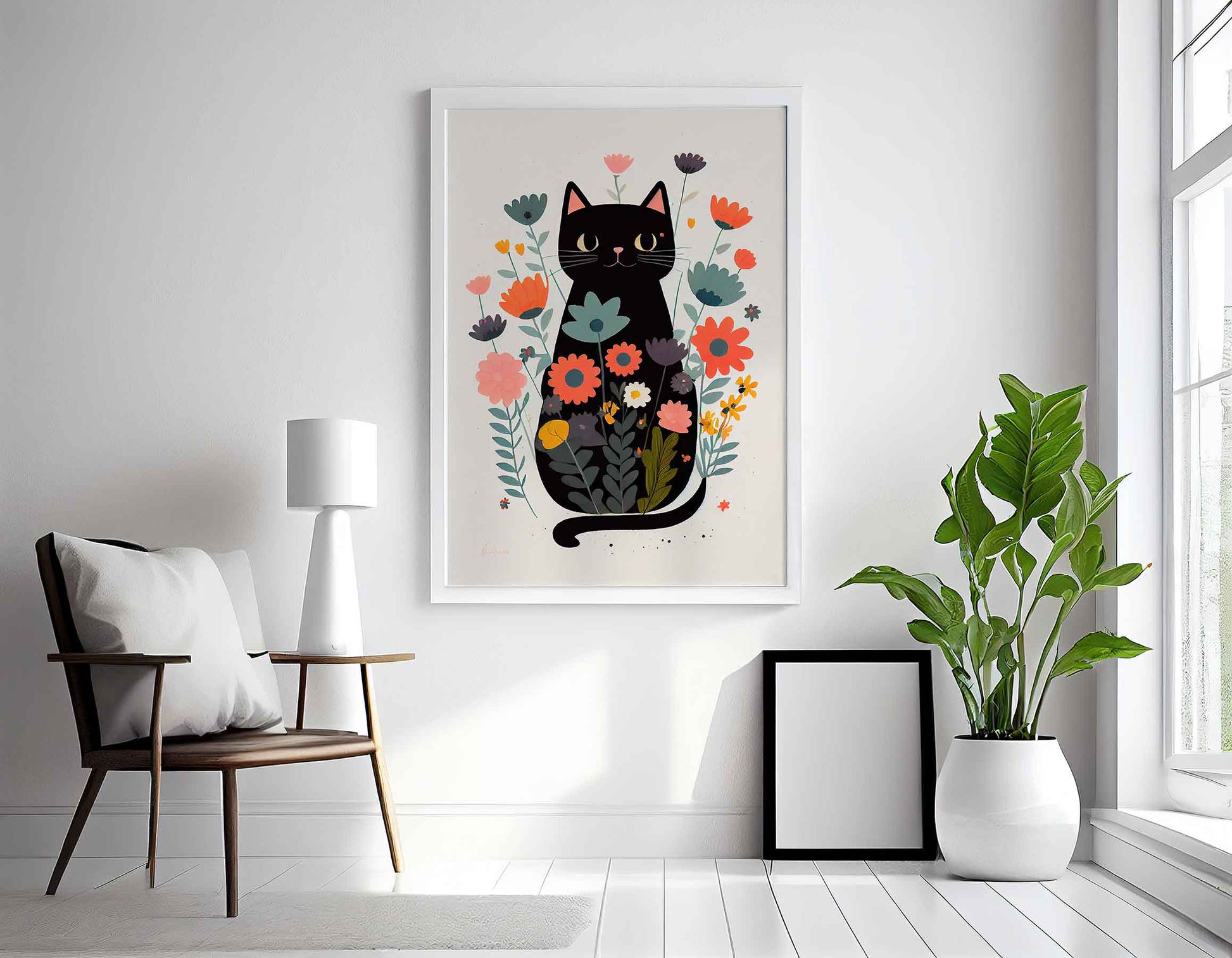 Framed Image of Cute Black Cat With Flowers Wall Art Poster Print