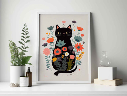 Framed Image of Cute Black Cat With Flowers Wall Art Poster Print