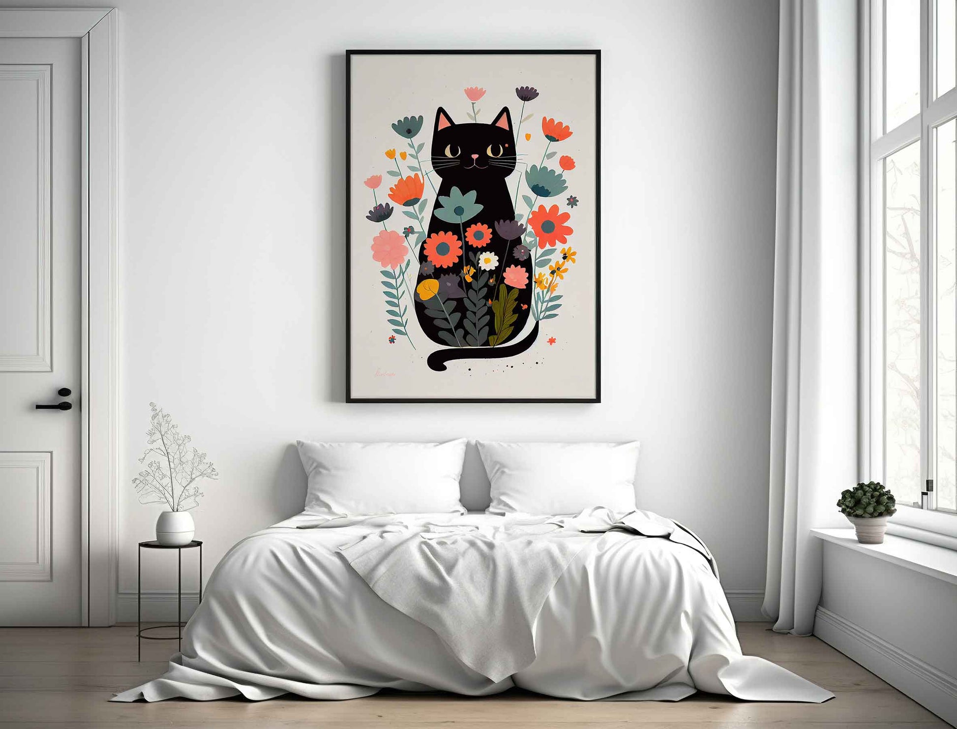 Framed Image of Cute Black Cat With Flowers Wall Art Poster Print