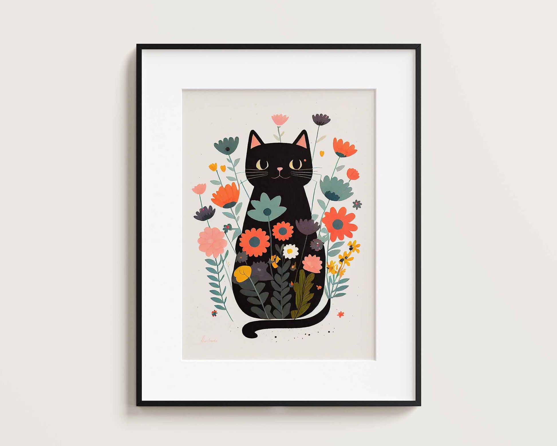 Framed Image of Cute Black Cat With Flowers Wall Art Poster Print