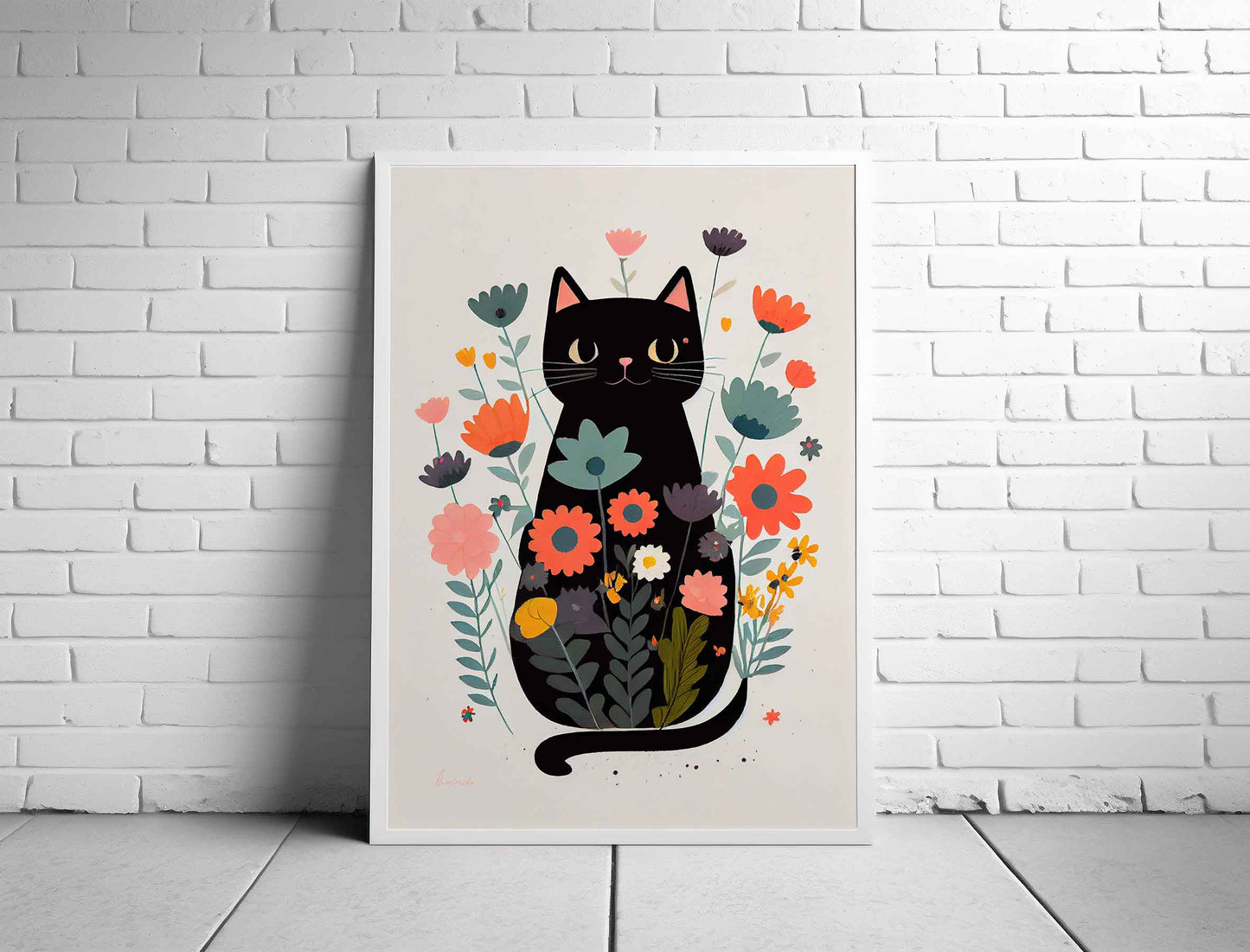 Framed Image of Cute Black Cat With Flowers Wall Art Poster Print