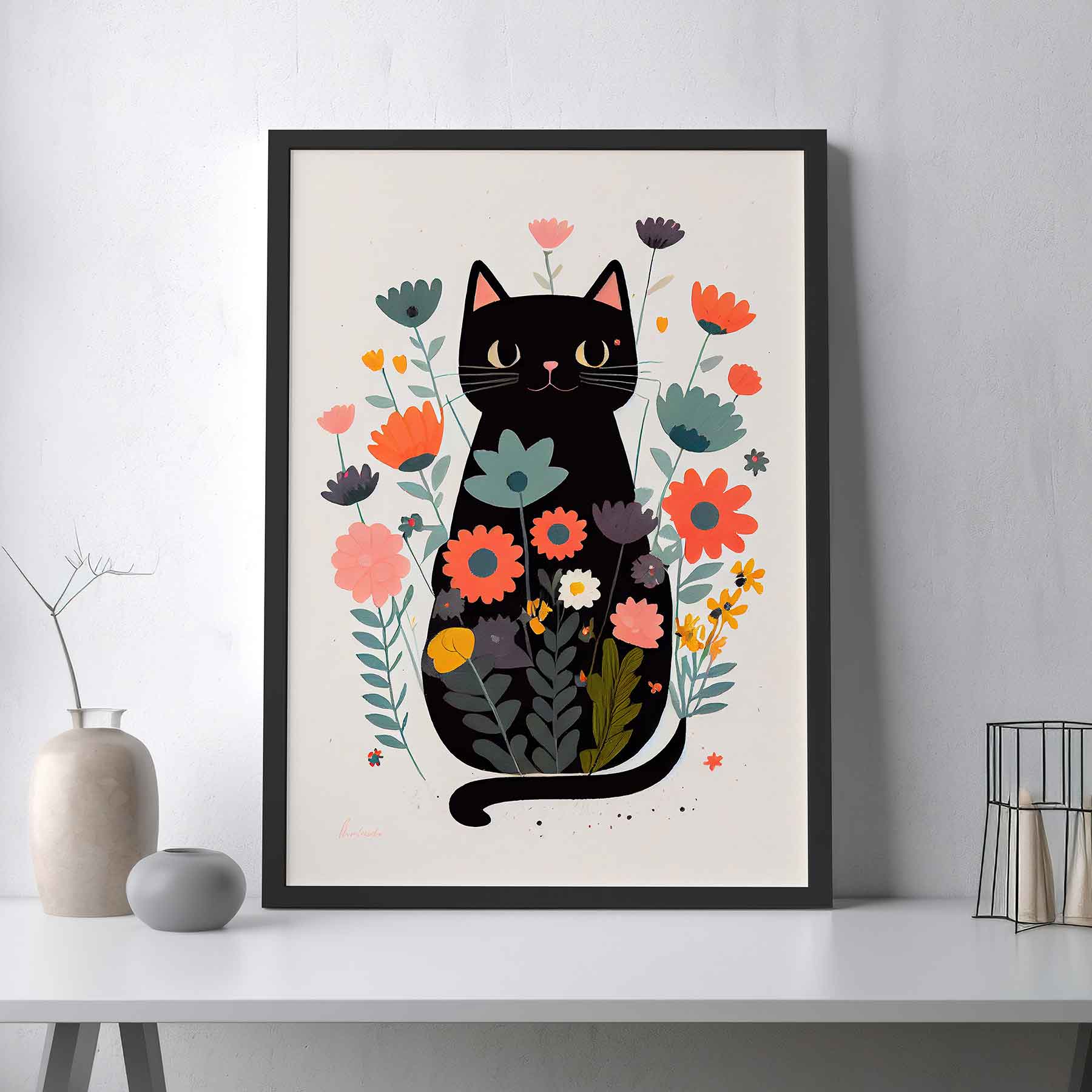 Framed Image of Cute Black Cat With Flowers Wall Art Poster Print