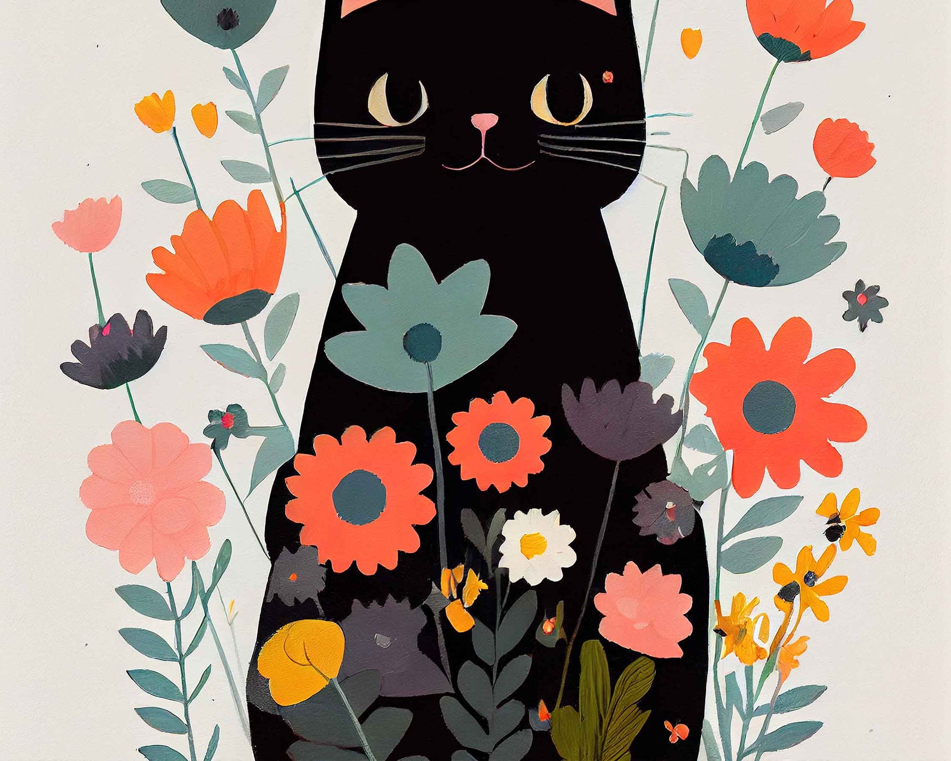 Framed Image of Cute Black Cat With Flowers Wall Art Poster Print
