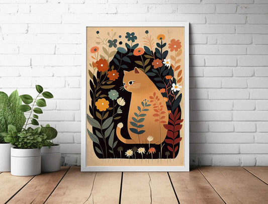 Framed Image of Cute Beige Brown Cat With Flowers Wall Art Poster Print