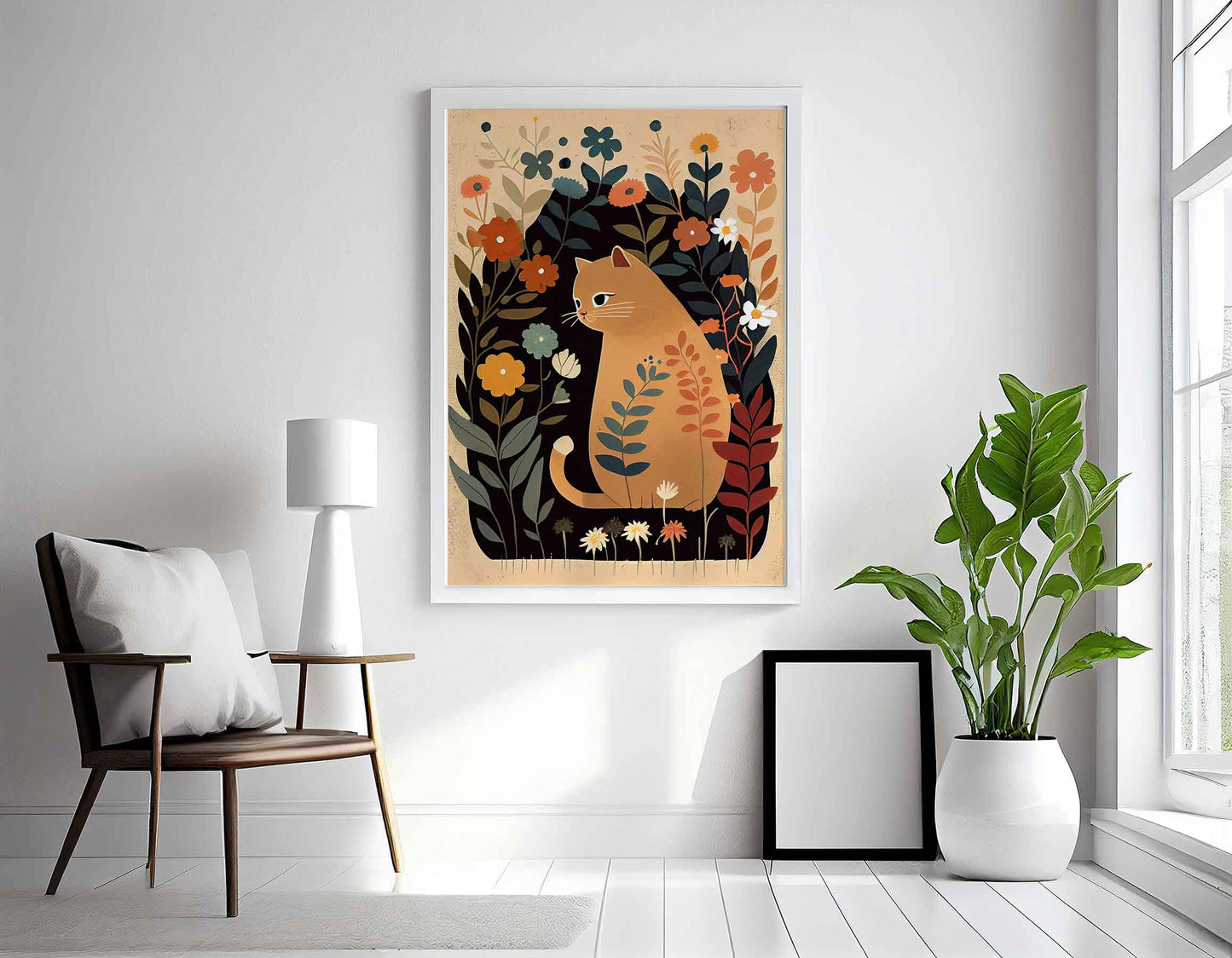 Framed Image of Cute Beige Brown Cat With Flowers Wall Art Poster Print