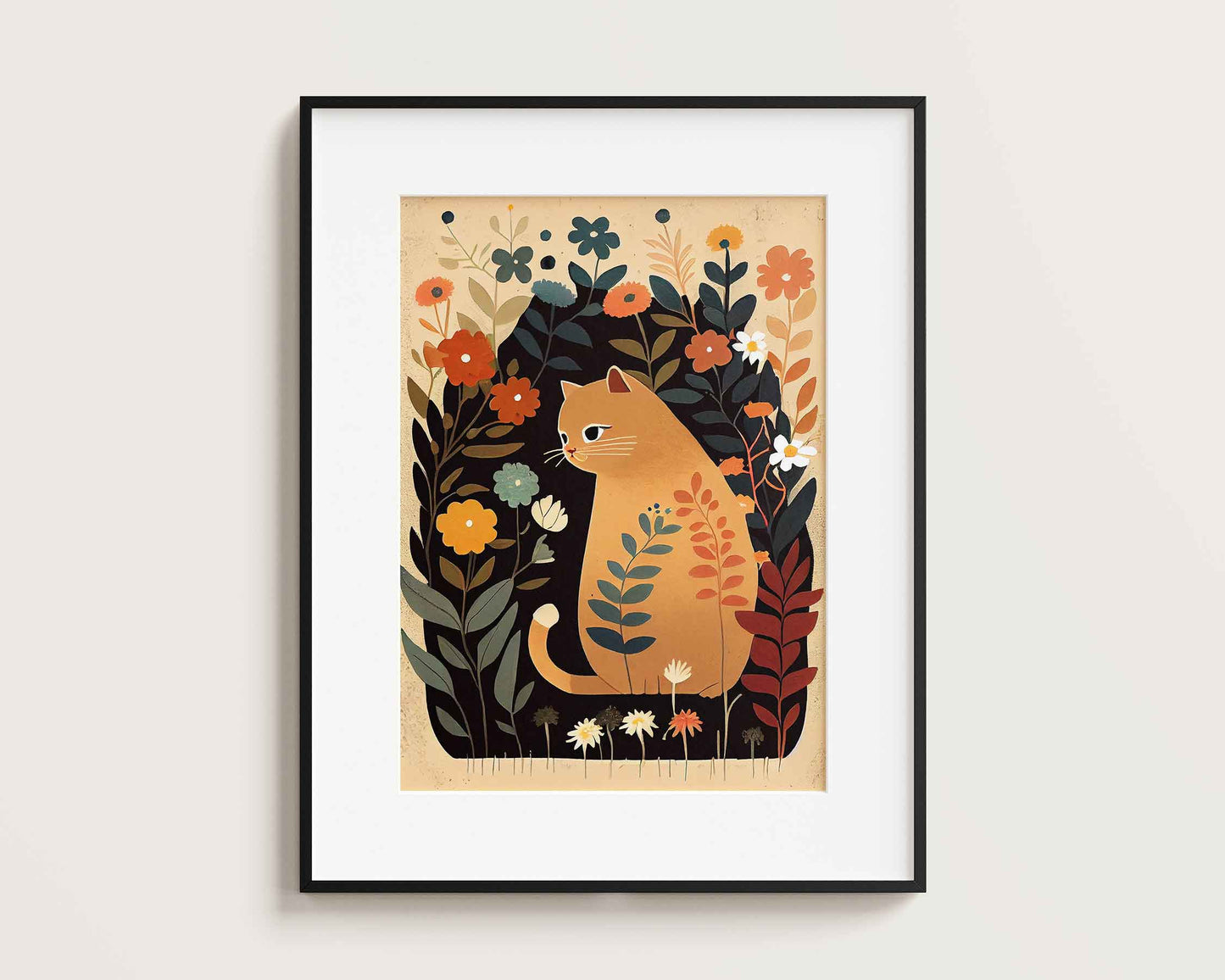 Framed Image of Cute Beige Brown Cat With Flowers Wall Art Poster Print