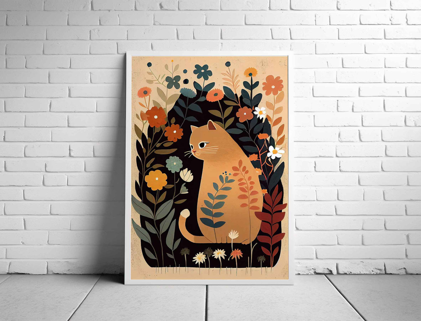 Framed Image of Cute Beige Brown Cat With Flowers Wall Art Poster Print