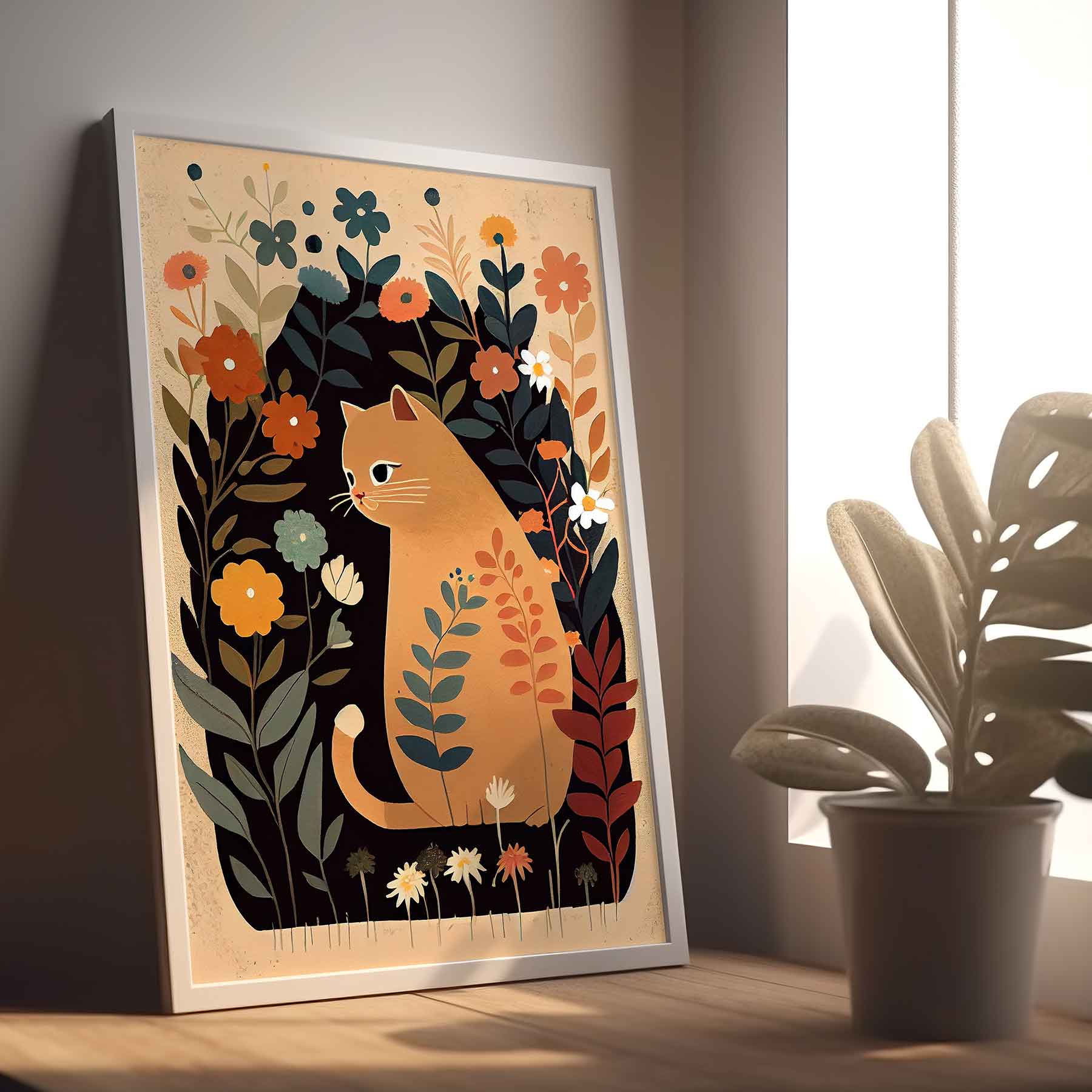 Framed Image of Cute Beige Brown Cat With Flowers Wall Art Poster Print