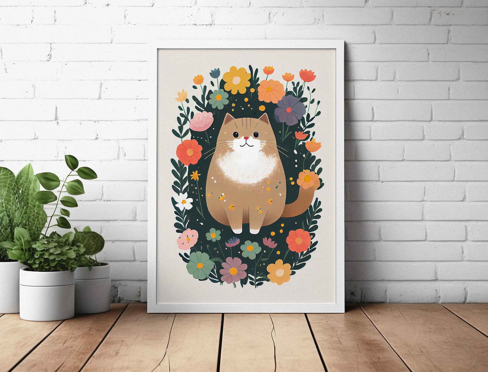 Framed Image of Cute Brown Beige Cat With Colourful Flowers Wall Art Poster Print