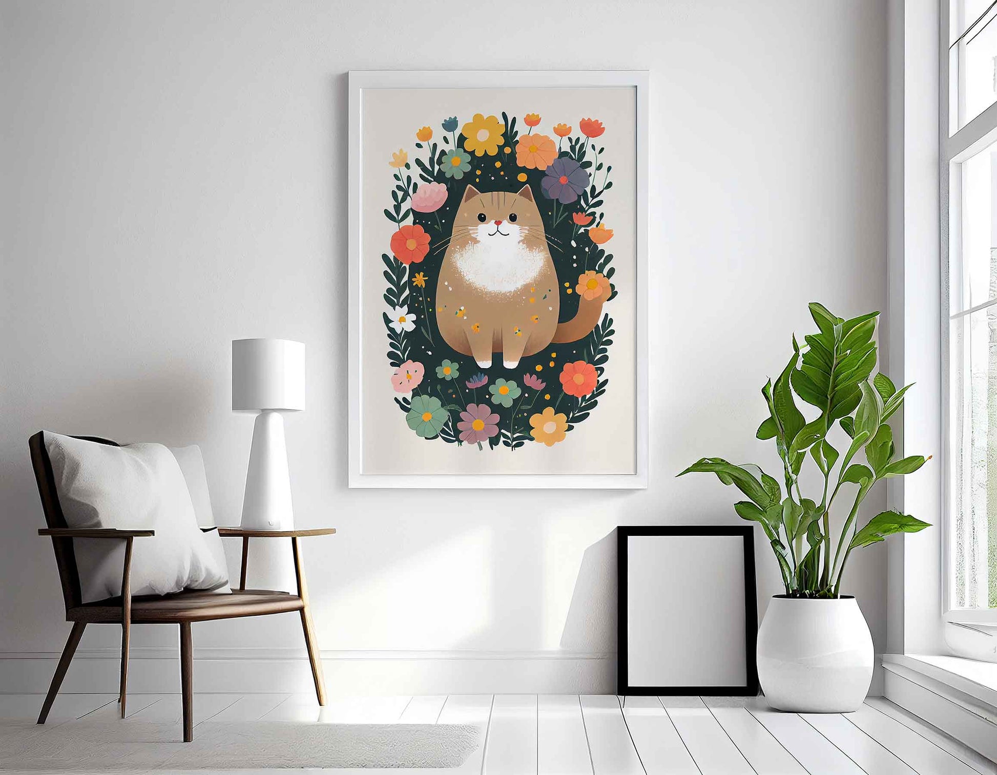 Framed Image of Cute Brown Beige Cat With Colourful Flowers Wall Art Poster Print