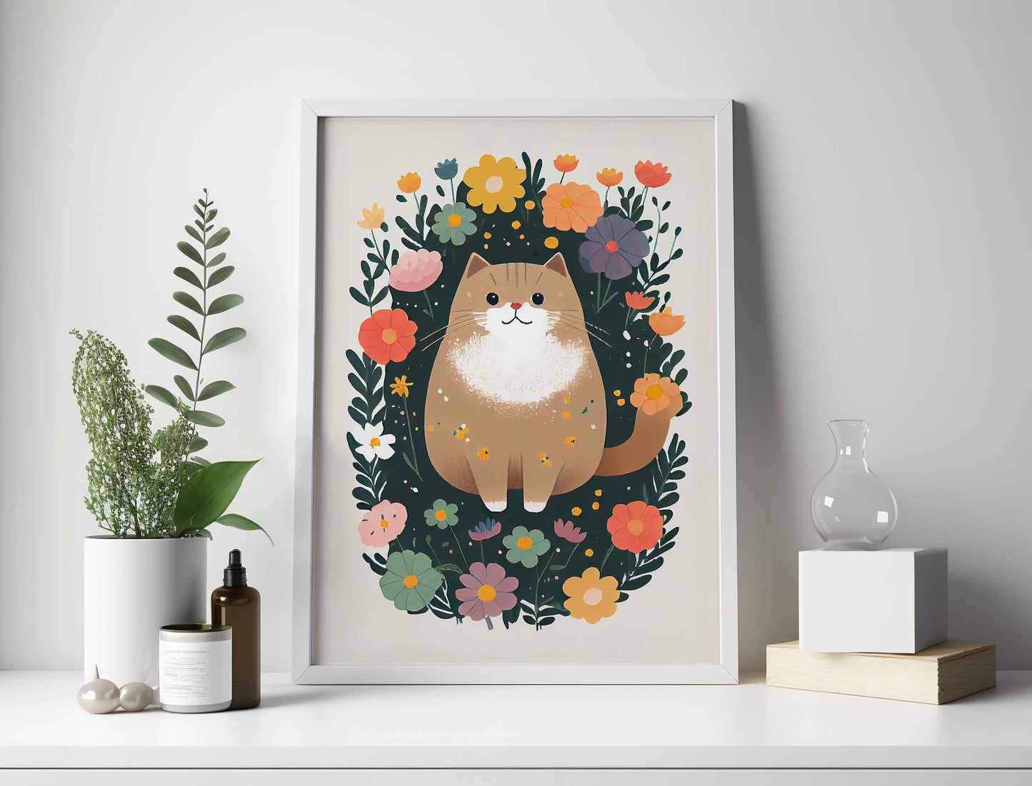 Framed Image of Cute Brown Beige Cat With Colourful Flowers Wall Art Poster Print