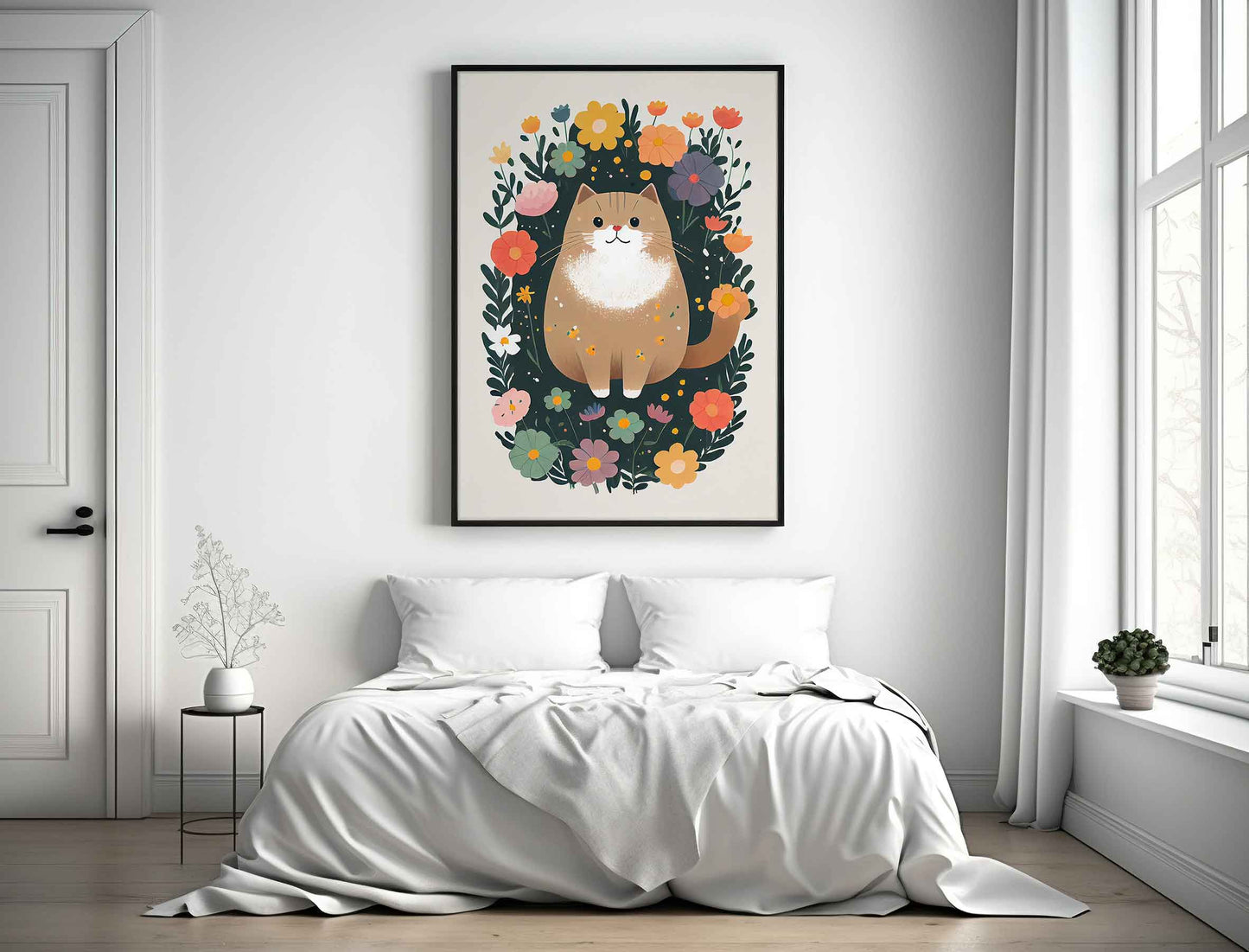 Framed Image of Cute Brown Beige Cat With Colourful Flowers Wall Art Poster Print