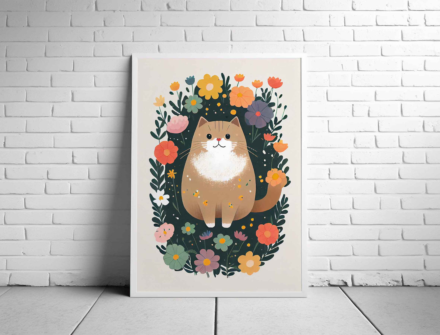 Framed Image of Cute Brown Beige Cat With Colourful Flowers Wall Art Poster Print