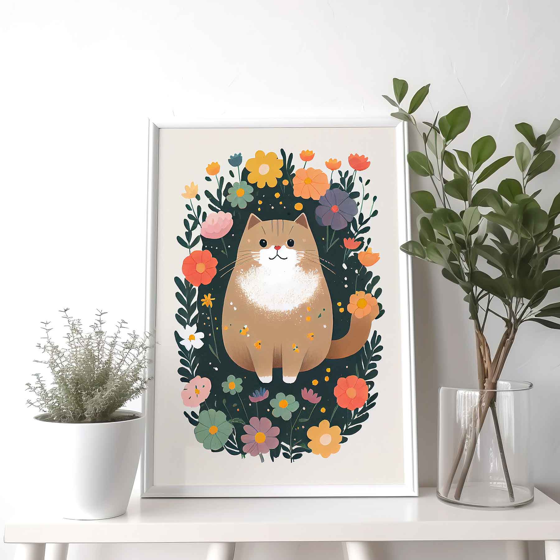 Framed Image of Cute Brown Beige Cat With Colourful Flowers Wall Art Poster Print