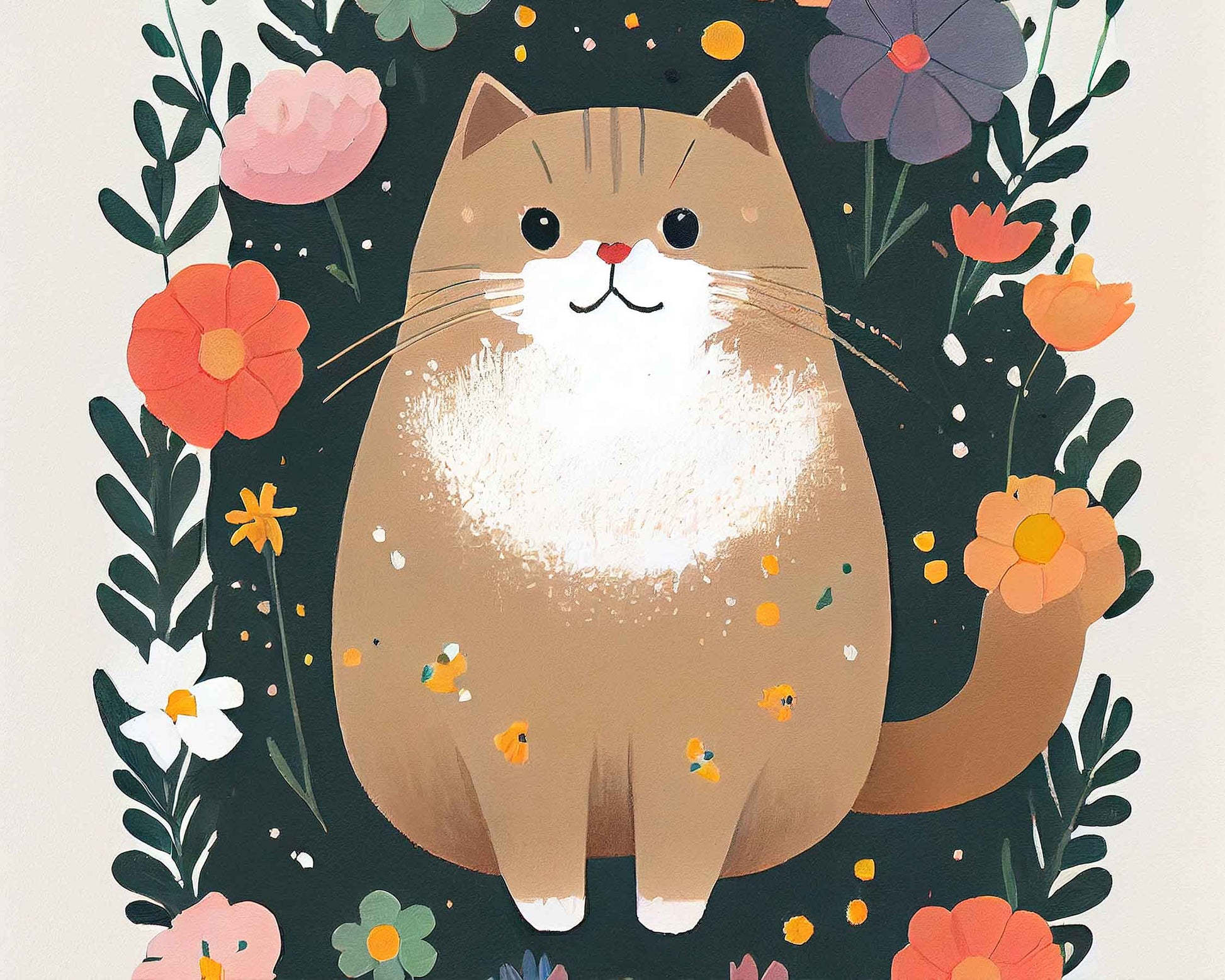 Framed Image of Cute Brown Beige Cat With Colourful Flowers Wall Art Poster Print