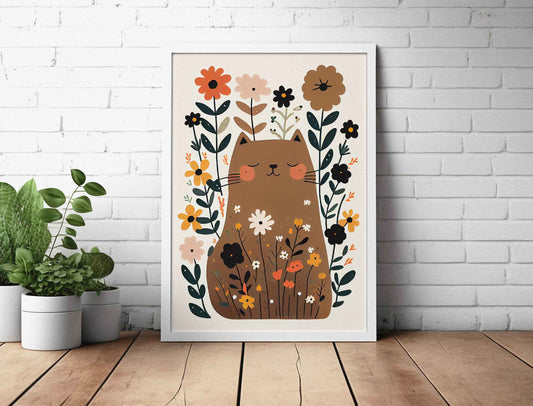 Framed Image of Cute Happy Brown Cat With Colourful Flowers Wall Art Poster Print