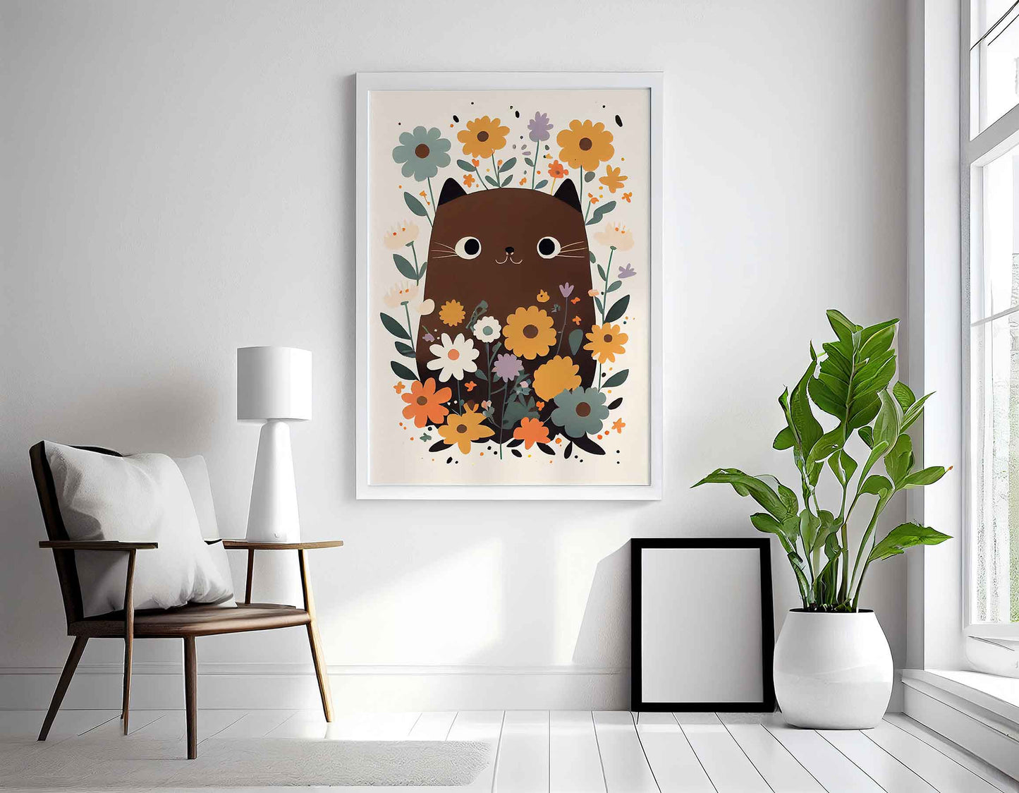 Framed Image of Cute Brown Cat Hiding in Flowers Wall Art Poster Print