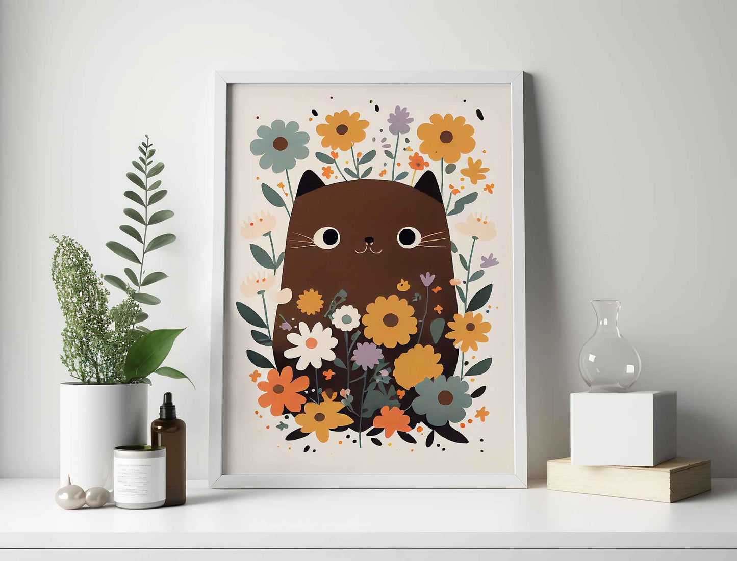 Framed Image of Cute Brown Cat Hiding in Flowers Wall Art Poster Print