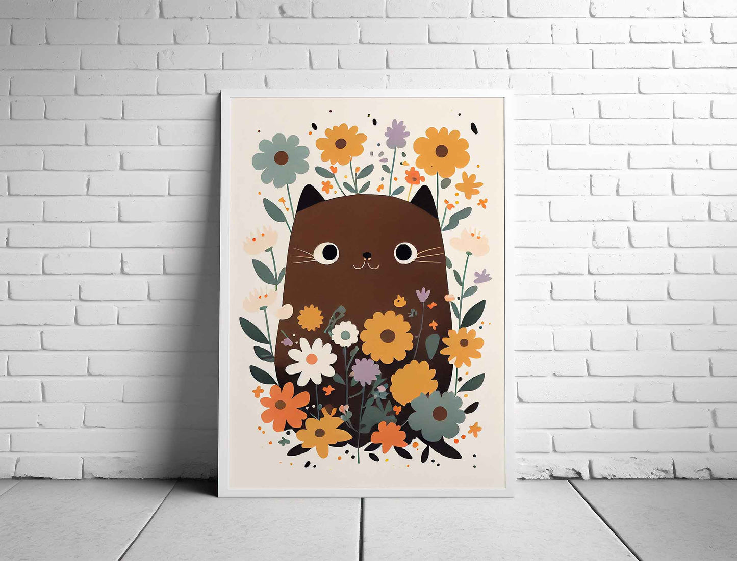 Framed Image of Cute Brown Cat Hiding in Flowers Wall Art Poster Print