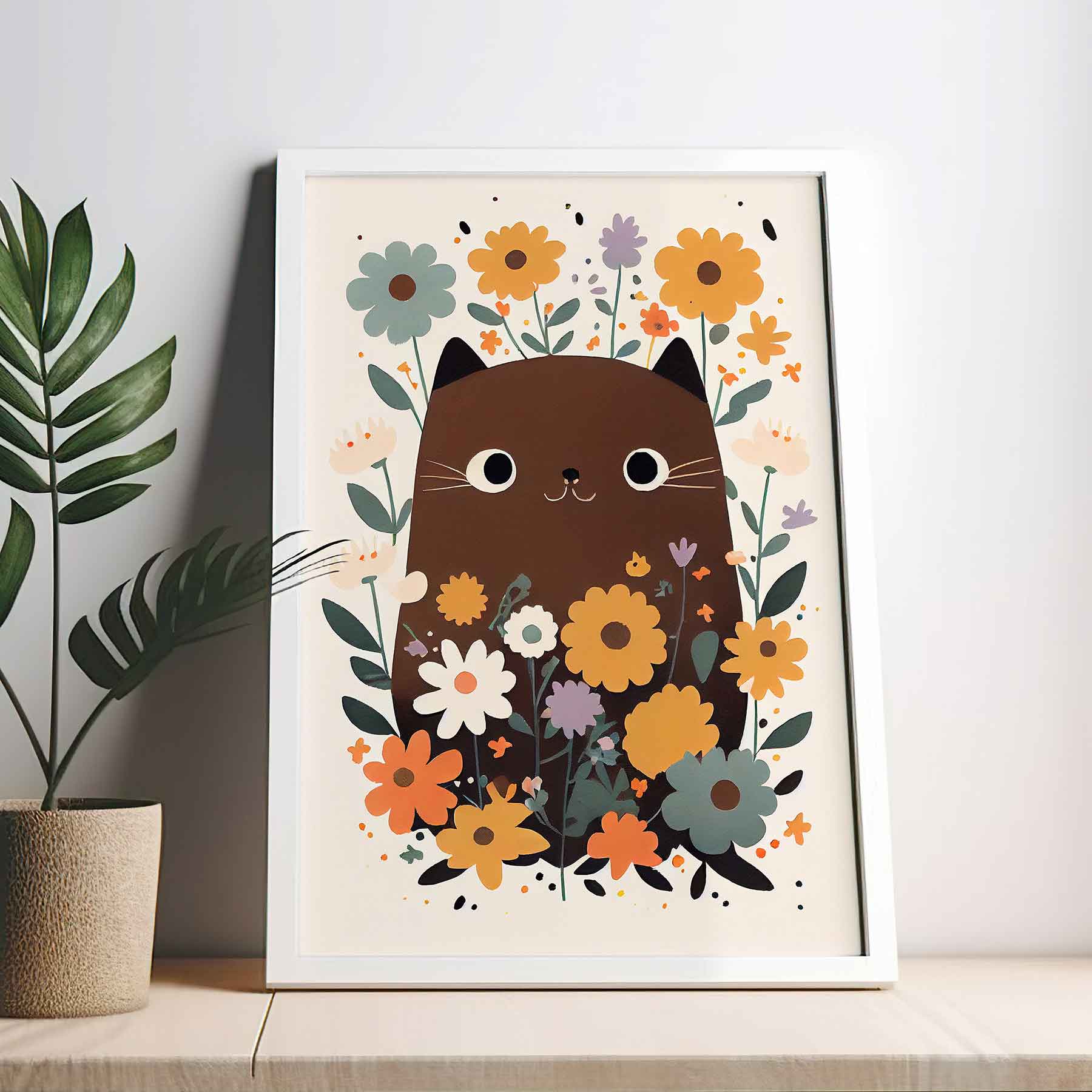 Framed Image of Cute Brown Cat Hiding in Flowers Wall Art Poster Print