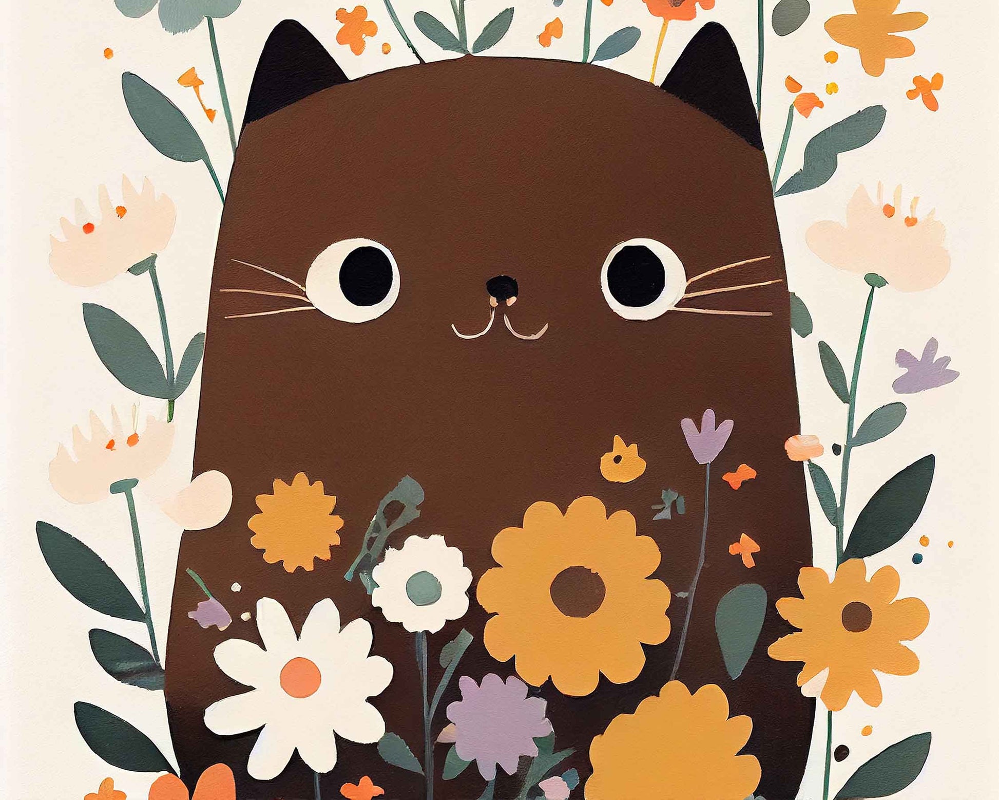 Framed Image of Cute Brown Cat Hiding in Flowers Wall Art Poster Print