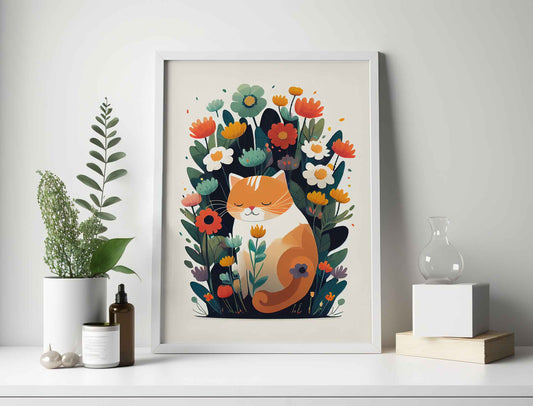 Framed Image of Cute Ginger Cat in Flower Garden Wall Art Poster Print