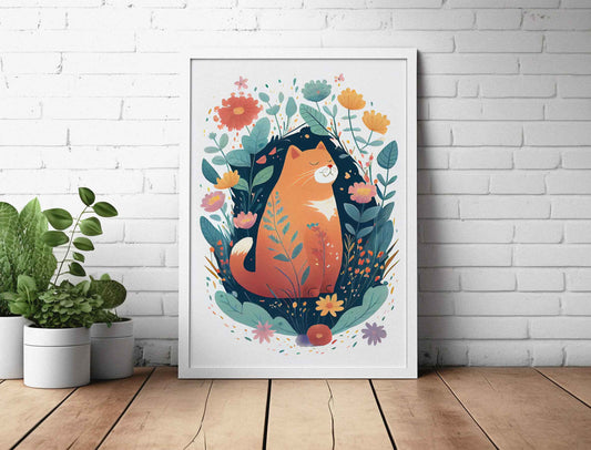 Framed Image of Cute Ginger Cat With Flowers Wall Art Poster Print