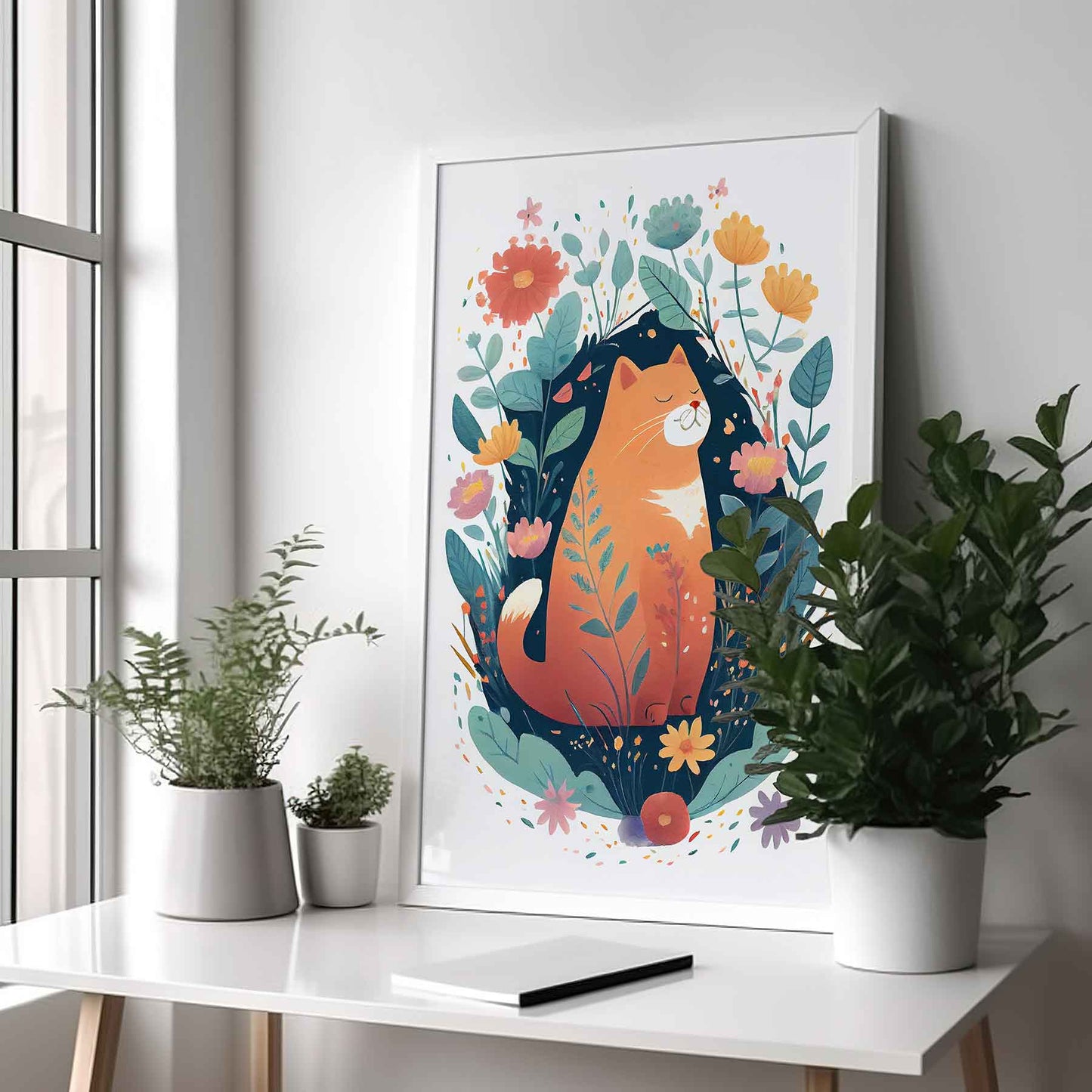 Framed Image of Cute Ginger Cat With Flowers Wall Art Poster Print
