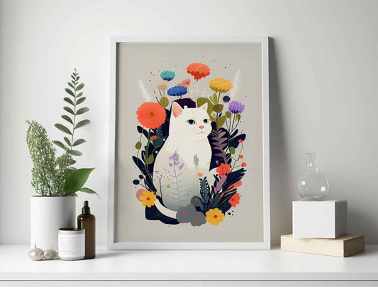 Framed Image of Cute White Cat With Flowers Wall Art Poster Print