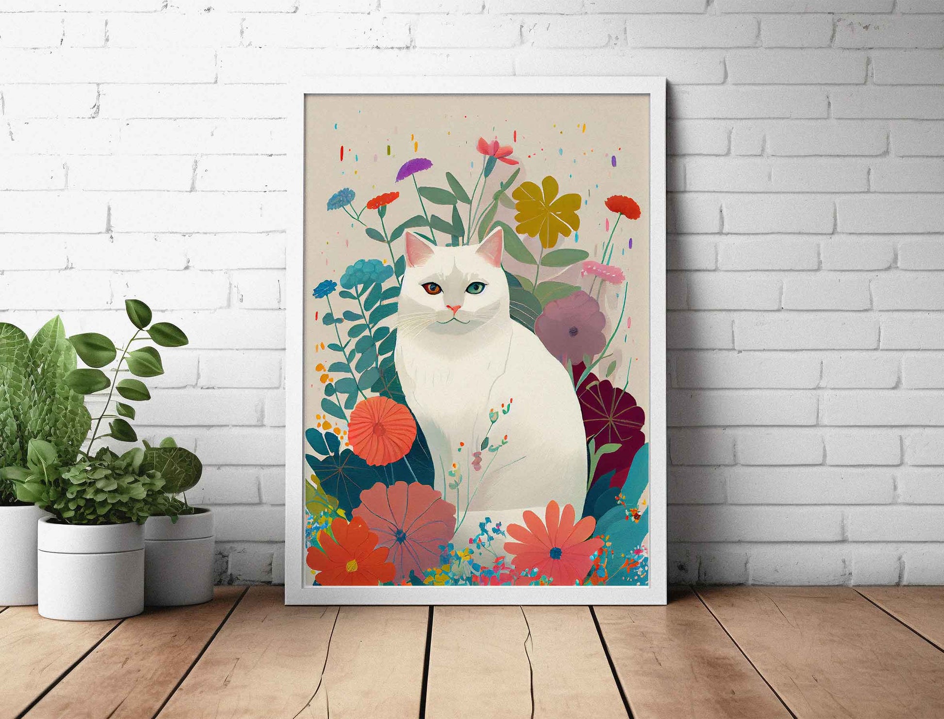 Framed Image of Cute White Cat in Flower Garden Wall Art Poster Print