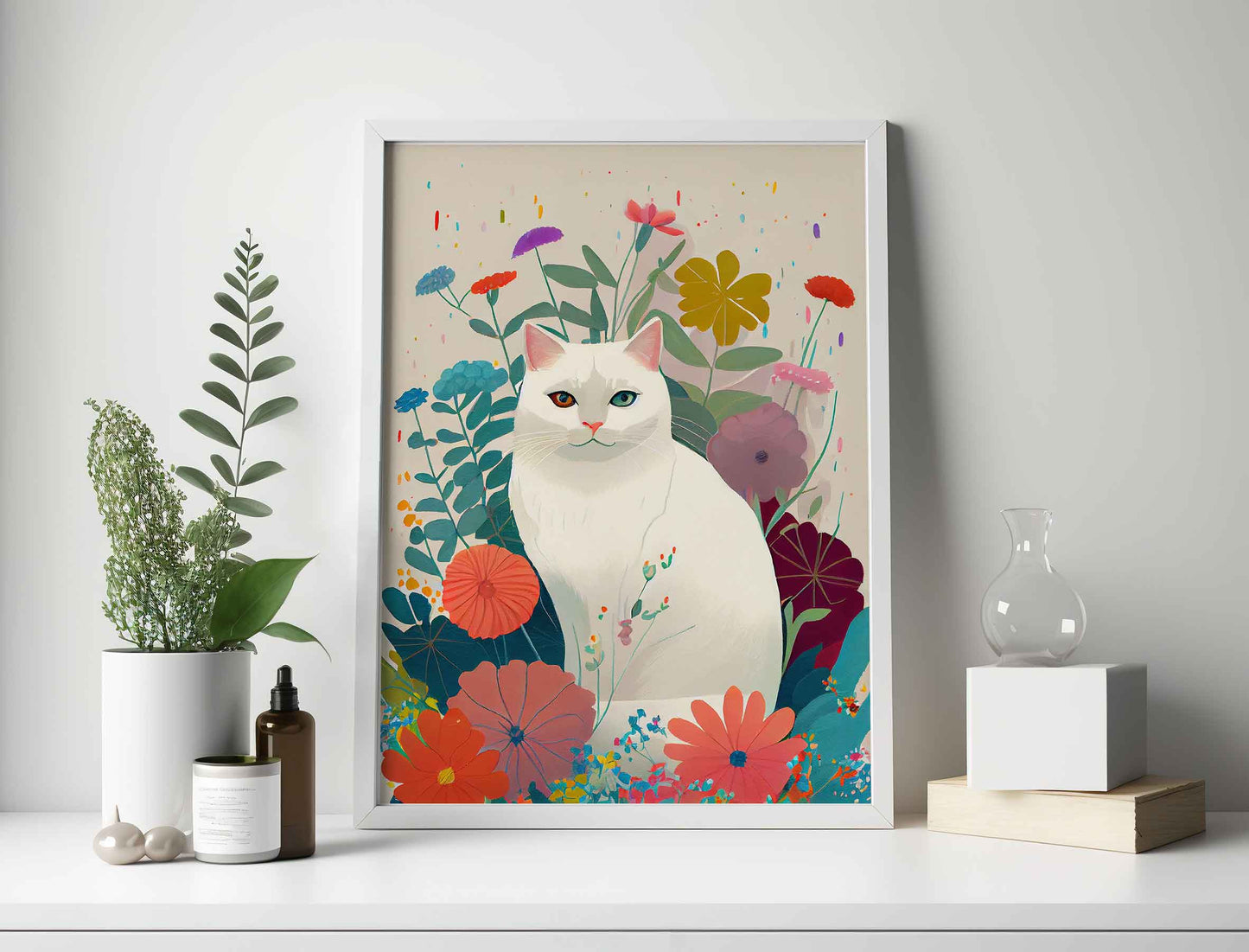 Framed Image of Cute White Cat in Flower Garden Wall Art Poster Print