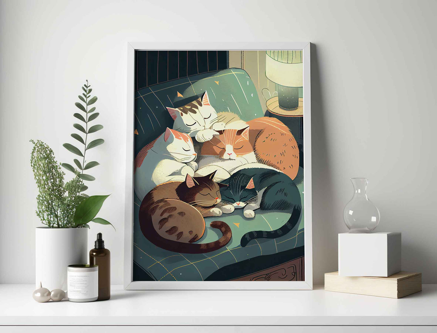 Framed Image of Cute Cats Sleeping at Home Illustration Wall Art Poster Print