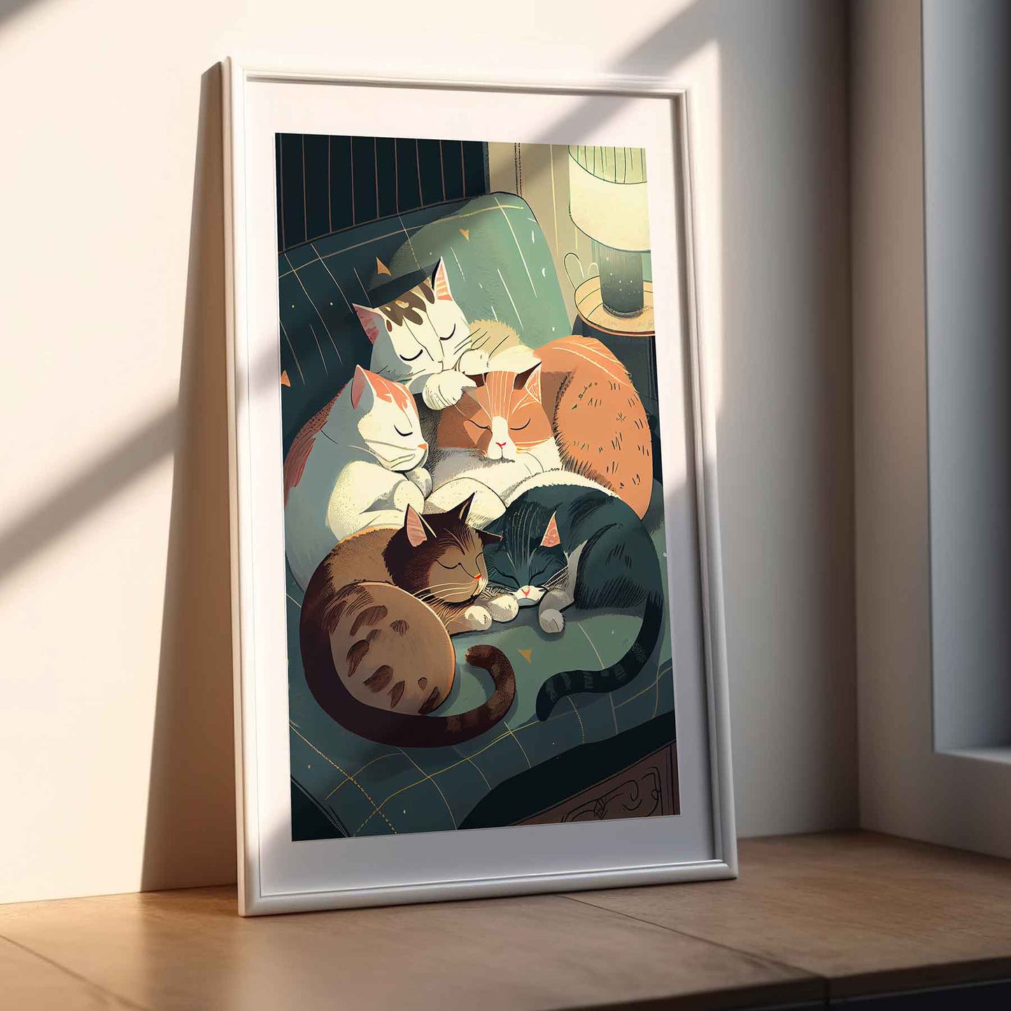 Framed Image of Cute Cats Sleeping at Home Illustration Wall Art Poster Print