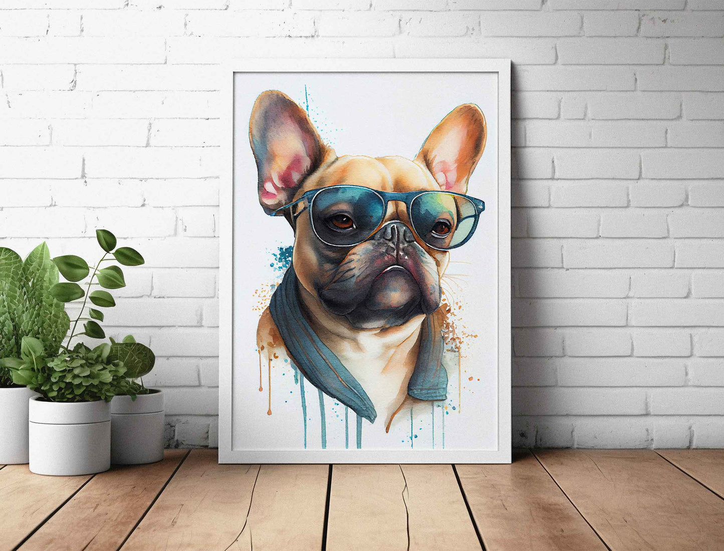 Framed Image of Fashionable French Bulldog Watercolour Wall Art Poster Print