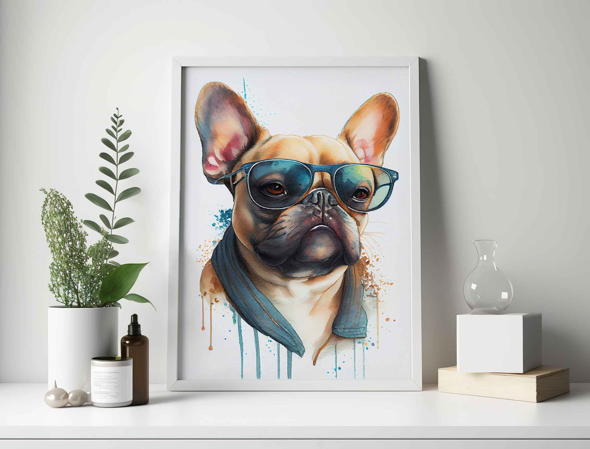 Framed Image of Fashionable French Bulldog Watercolour Wall Art Poster Print