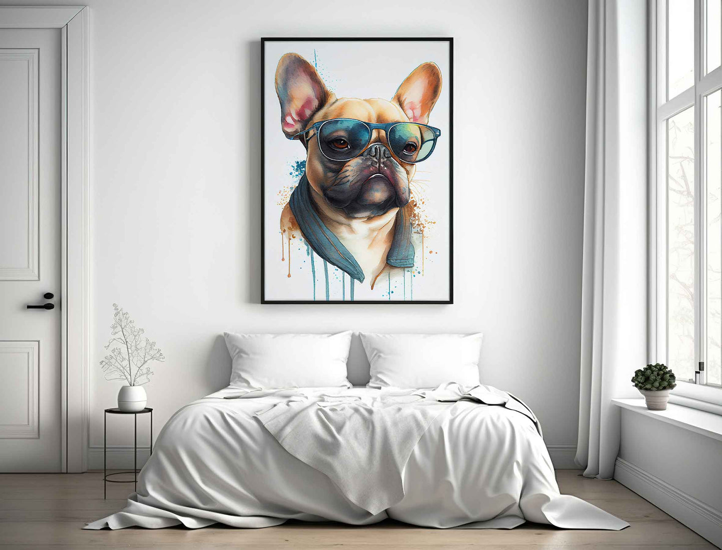 Framed Image of Fashionable French Bulldog Watercolour Wall Art Poster Print