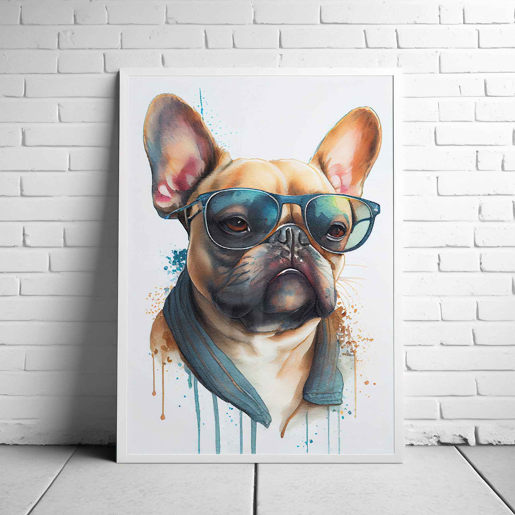 Framed Image of Fashionable French Bulldog Watercolour Wall Art Poster Print