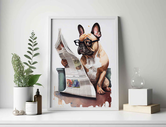 Framed Image of Funny French Bulldog Reading Newspaper Wall Art Poster Print